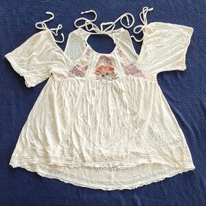 Free People Cream Cold-Shoulder Embroidered Tunic with Orange & Pink Accents
